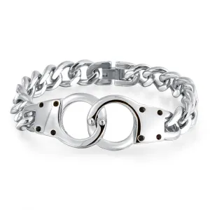 Biker Jewelry Chain Link Bracelet with Handcuff and Padlock Black IP Silver Tone 8-8.5 Inch