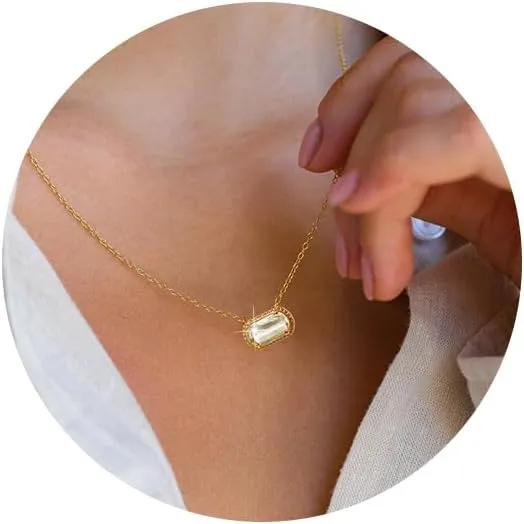 Birthstone Necklace for Women 14k Gold Plated Preppy Oval Stone Necklaces Trendy Zircon Pendant Necklaces Birthday Gifts for Women Mom Wife Friends