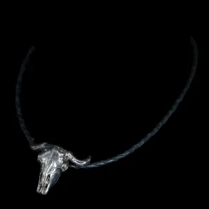 Bison Skull Pendant, Sterling Silver, On Leather Necklace