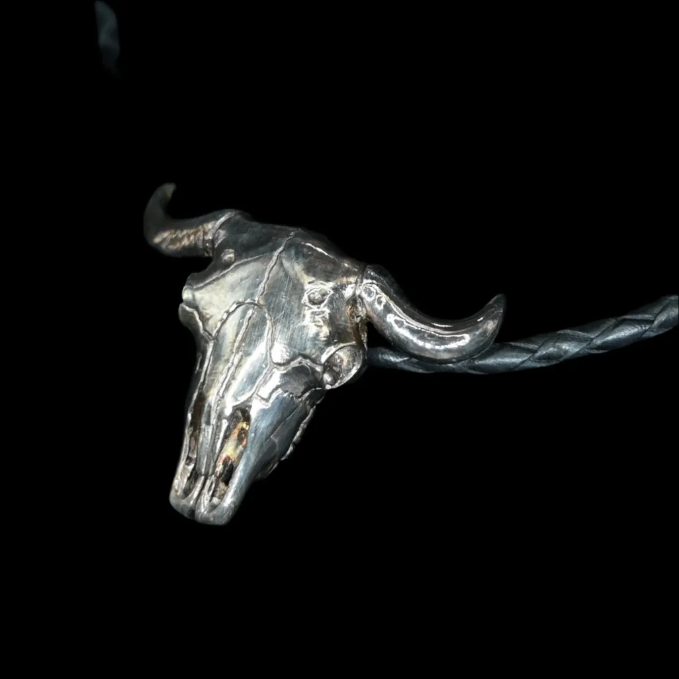 Bison Skull Pendant, Sterling Silver, On Leather Necklace