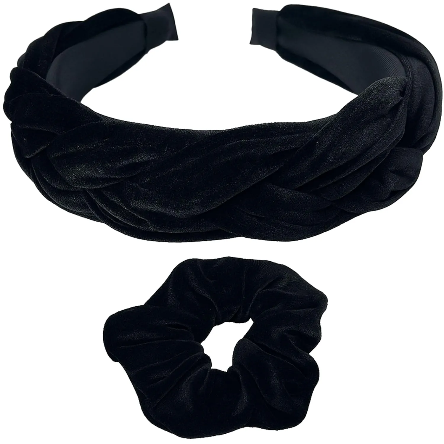 Black Velvet Valentine's Day Headbands and Scrunchies for Women and Girls, Velvet Hair Braid Headband for Women and Girls (Black Braided Hairband)