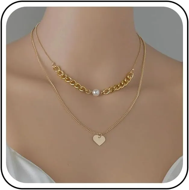 Bohemian Layered Heart Choker Necklace Gold Metal Heart Pendant Necklaces Round Pearl Curb Chain Necklace Cuban Curb Link Chain Necklaces Jewelry for Women