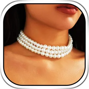 Boho Layered Pearl Choker Necklace White Pearl Necklaces Bridal Wedding Jewelry for Women