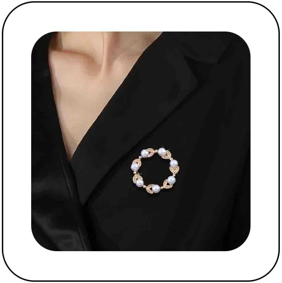 Boho Pearl Leaf Brooch Pin Gold Wreath Brooches Leaf Sweater Brooch Pin Scarf Button Buckle Pearl Circle Brooches Pin Leaf Leaves Brooch Lapel Pin Decorative for Women Gift