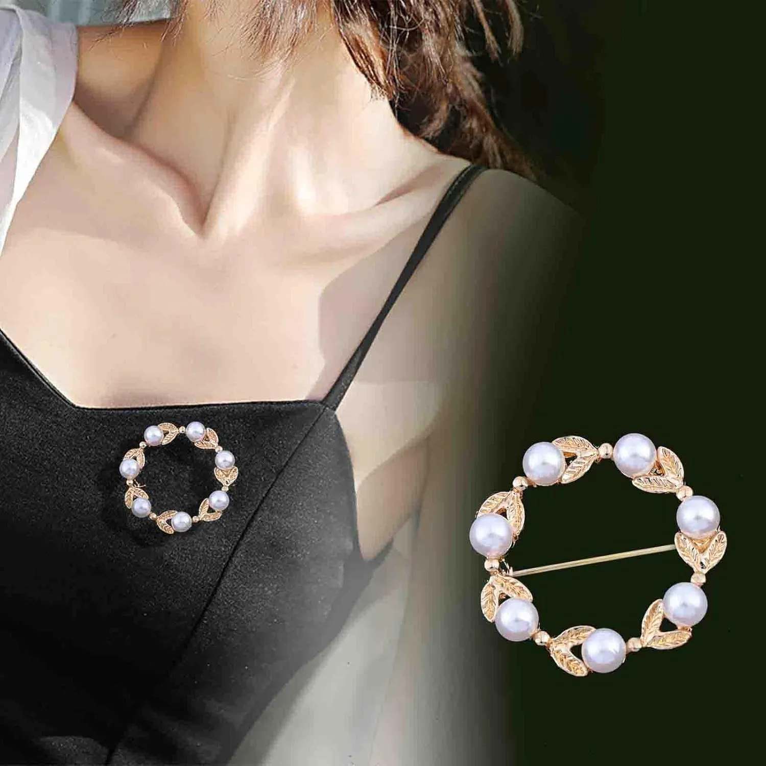Boho Pearl Leaf Brooch Pin Gold Wreath Brooches Leaf Sweater Brooch Pin Scarf Button Buckle Pearl Circle Brooches Pin Leaf Leaves Brooch Lapel Pin Decorative for Women Gift
