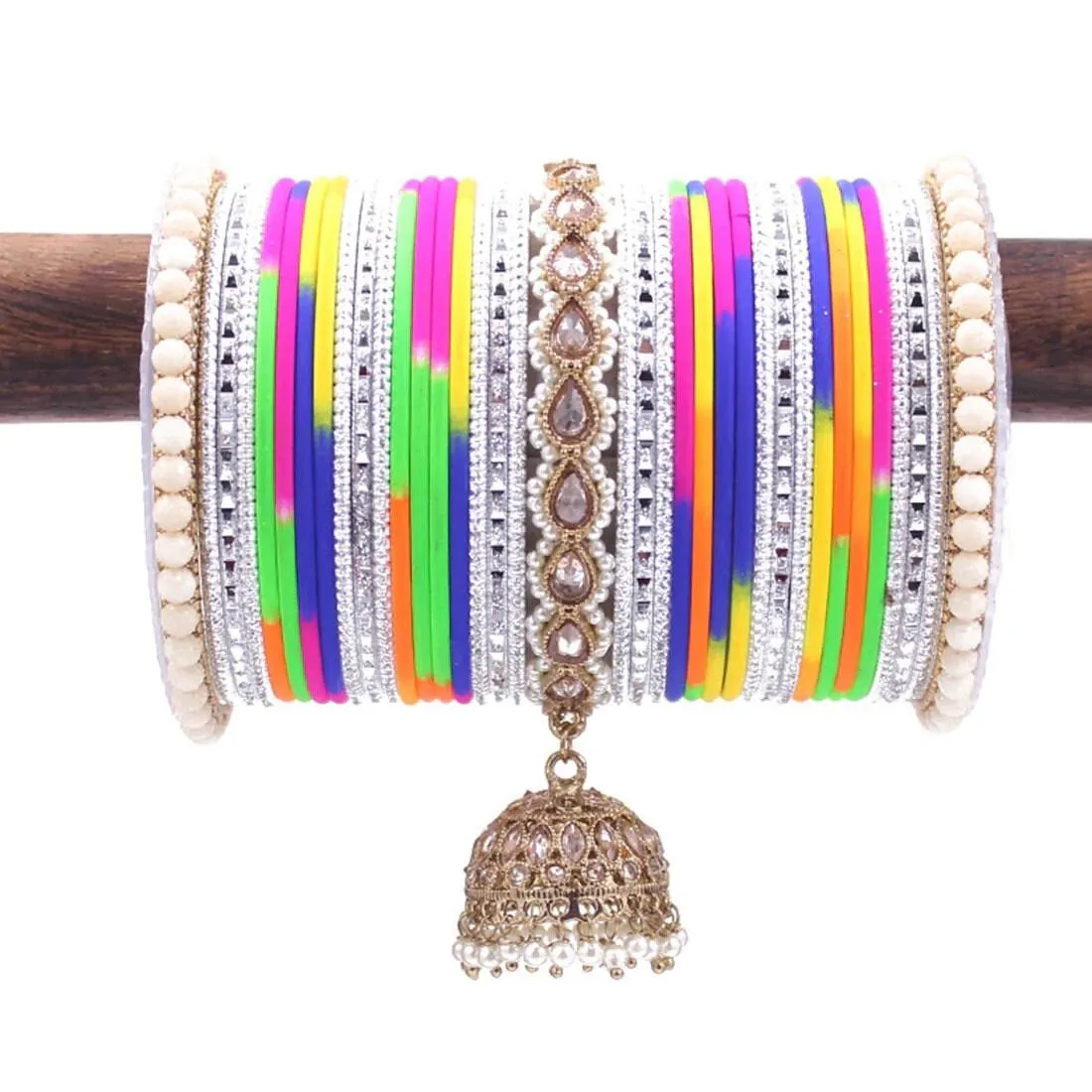 Bollywood Style jhumki Kundan Pearl Tassel Bangles Set