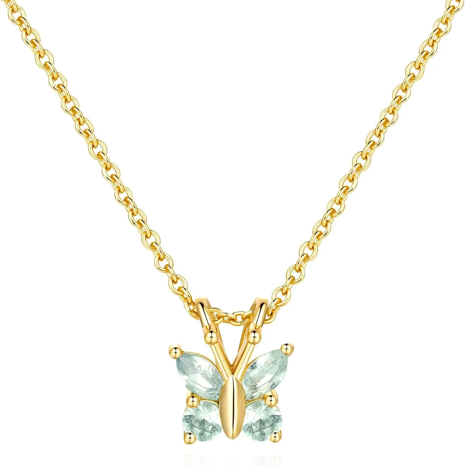Butterfly Pendant Necklace 14K Gold Necklaces for Women Trendy Diamond Pendant Necklaces Lightweight Dainty Gold Necklace Light Blue CZ Stones