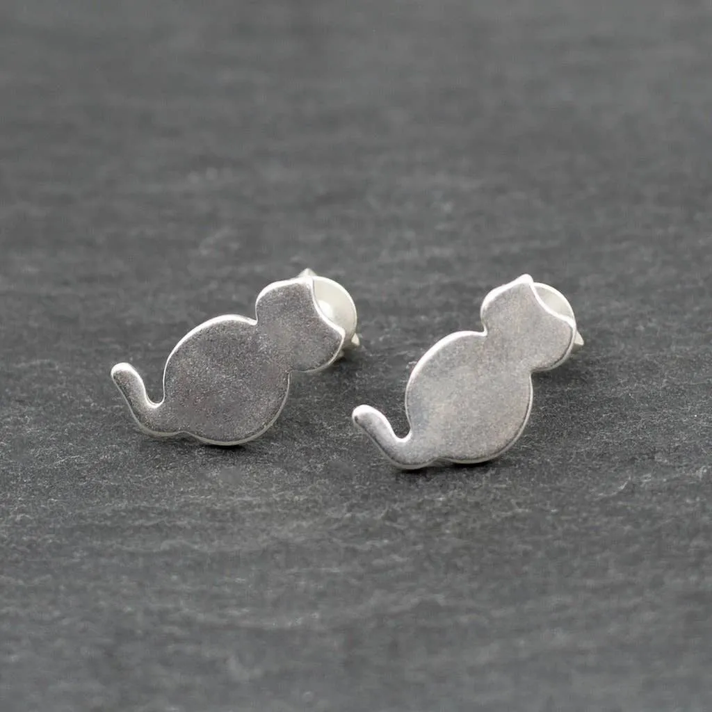 Cat Silver Plate Stud Earrings