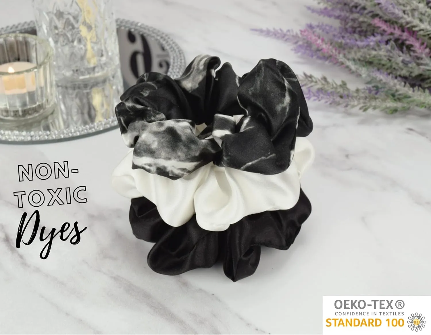 Celestial Silk Mulberry Silk Scrunchies for Hair (Black, Ivory, Black Marble)