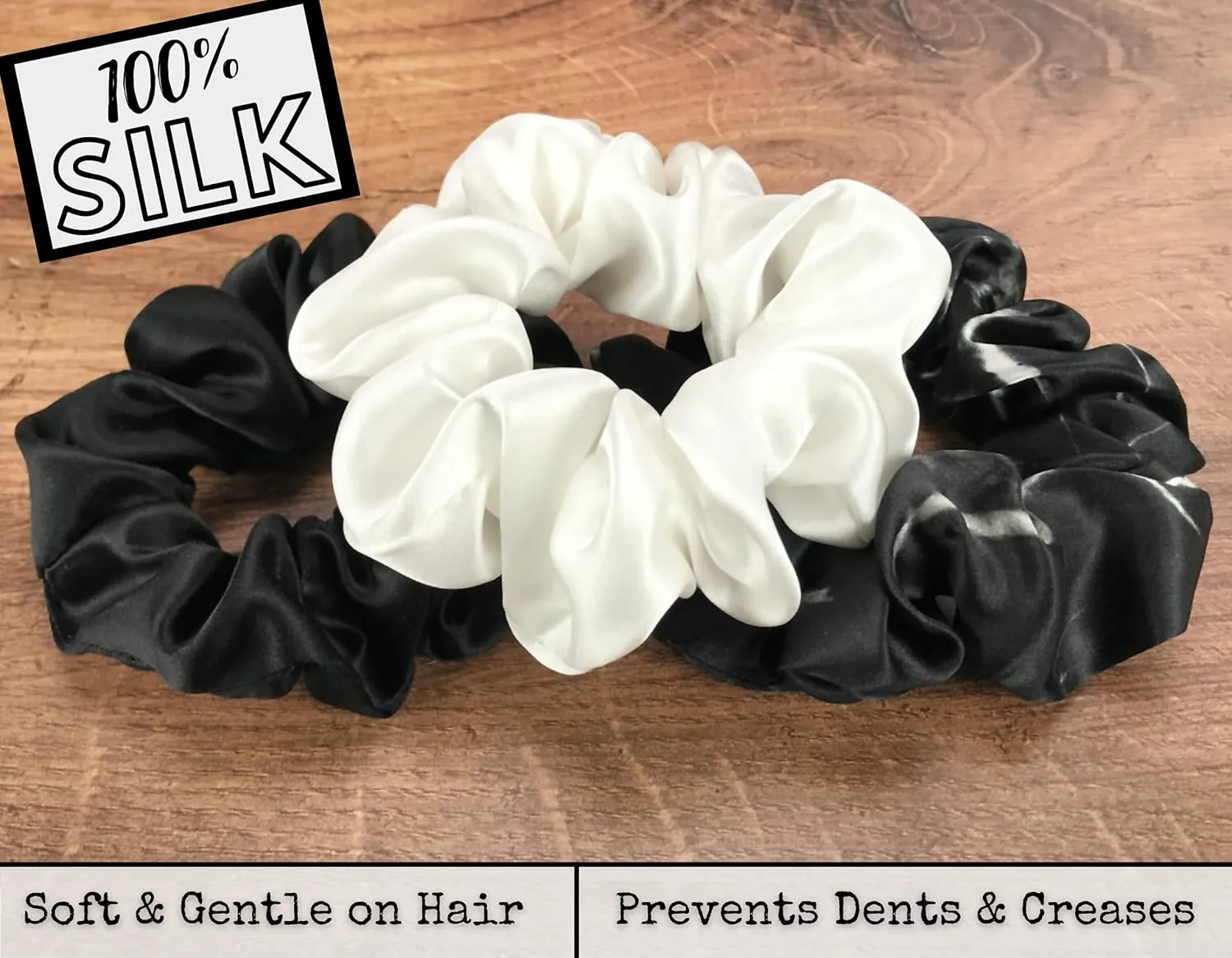 Celestial Silk Mulberry Silk Scrunchies for Hair (Black, Ivory, Black Marble)