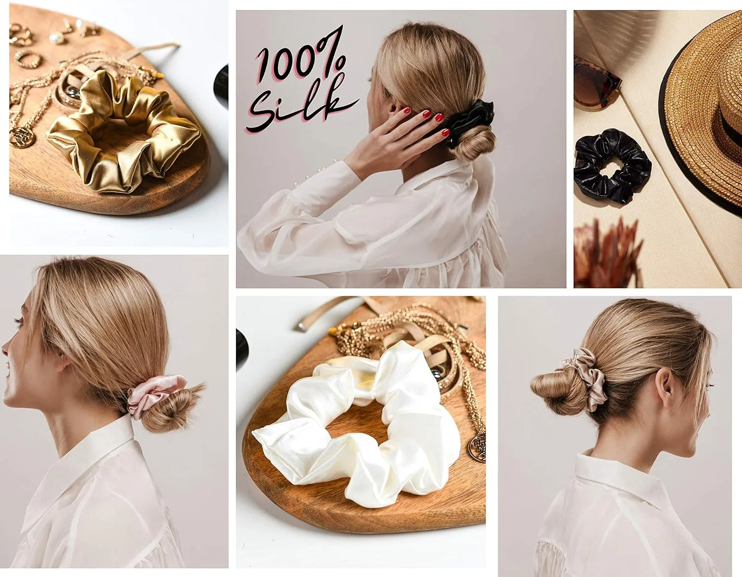 Celestial Silk Mulberry Silk Scrunchies for Hair (Black, Ivory, Black Marble)