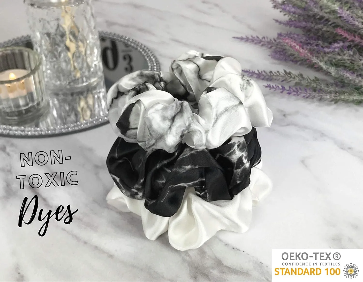 Celestial Silk Mulberry Silk Scrunchies for Hair (Black Marble, White Marble, Ivory)