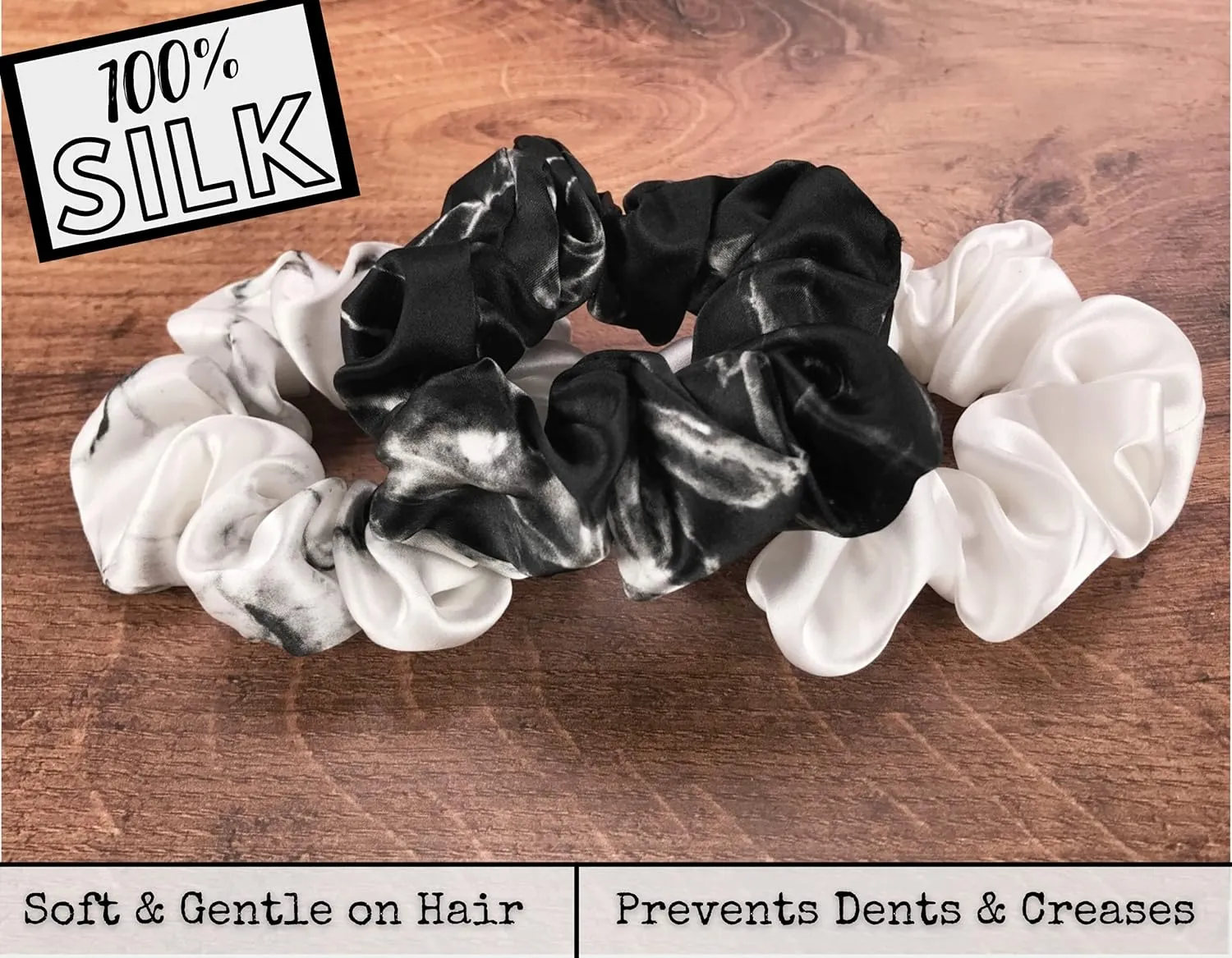 Celestial Silk Mulberry Silk Scrunchies for Hair (Black Marble, White Marble, Ivory)