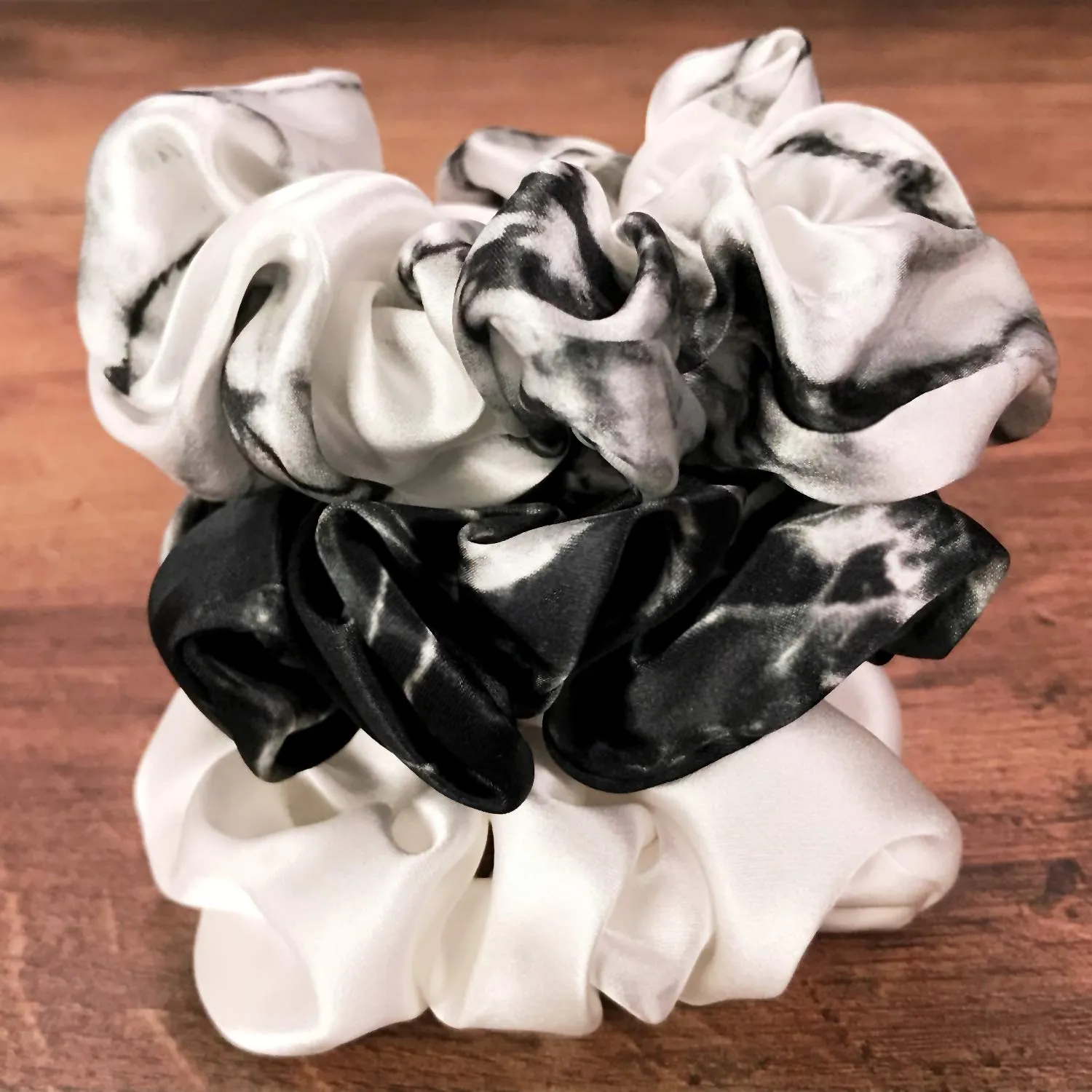 Celestial Silk Mulberry Silk Scrunchies for Hair (Black Marble, White Marble, Ivory)