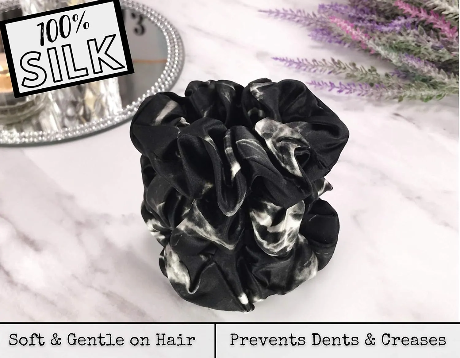 Celestial Silk Mulberry Silk Scrunchies for Hair (Black Marble)