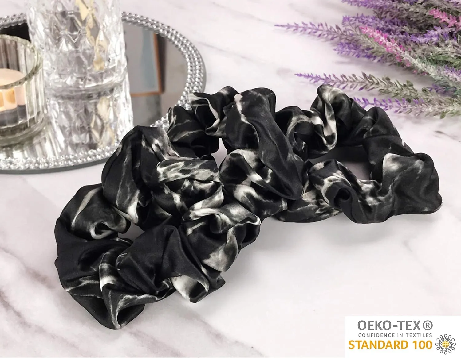 Celestial Silk Mulberry Silk Scrunchies for Hair (Black Marble)