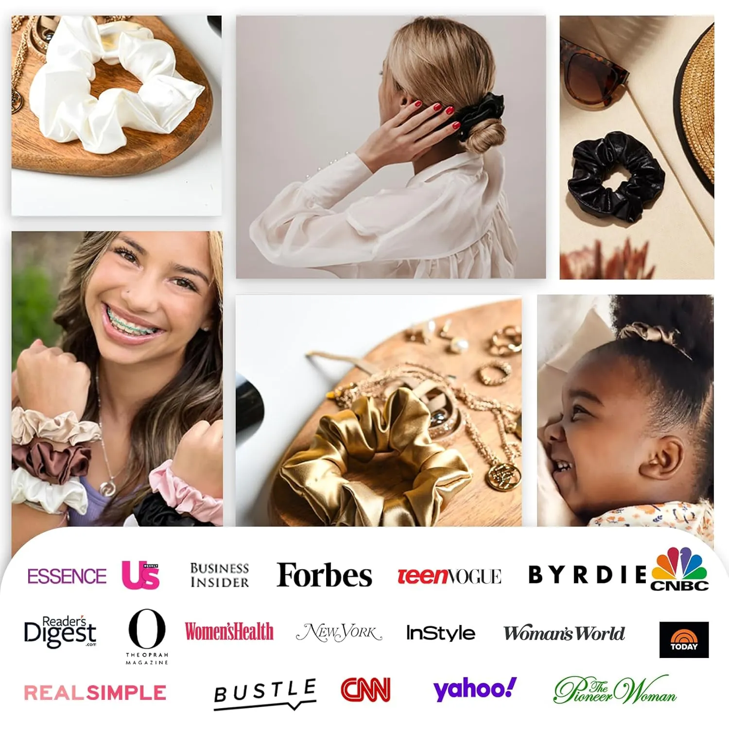 Celestial Silk Mulberry Silk Scrunchies for Hair (Black, Silver, White with Rhinestones)