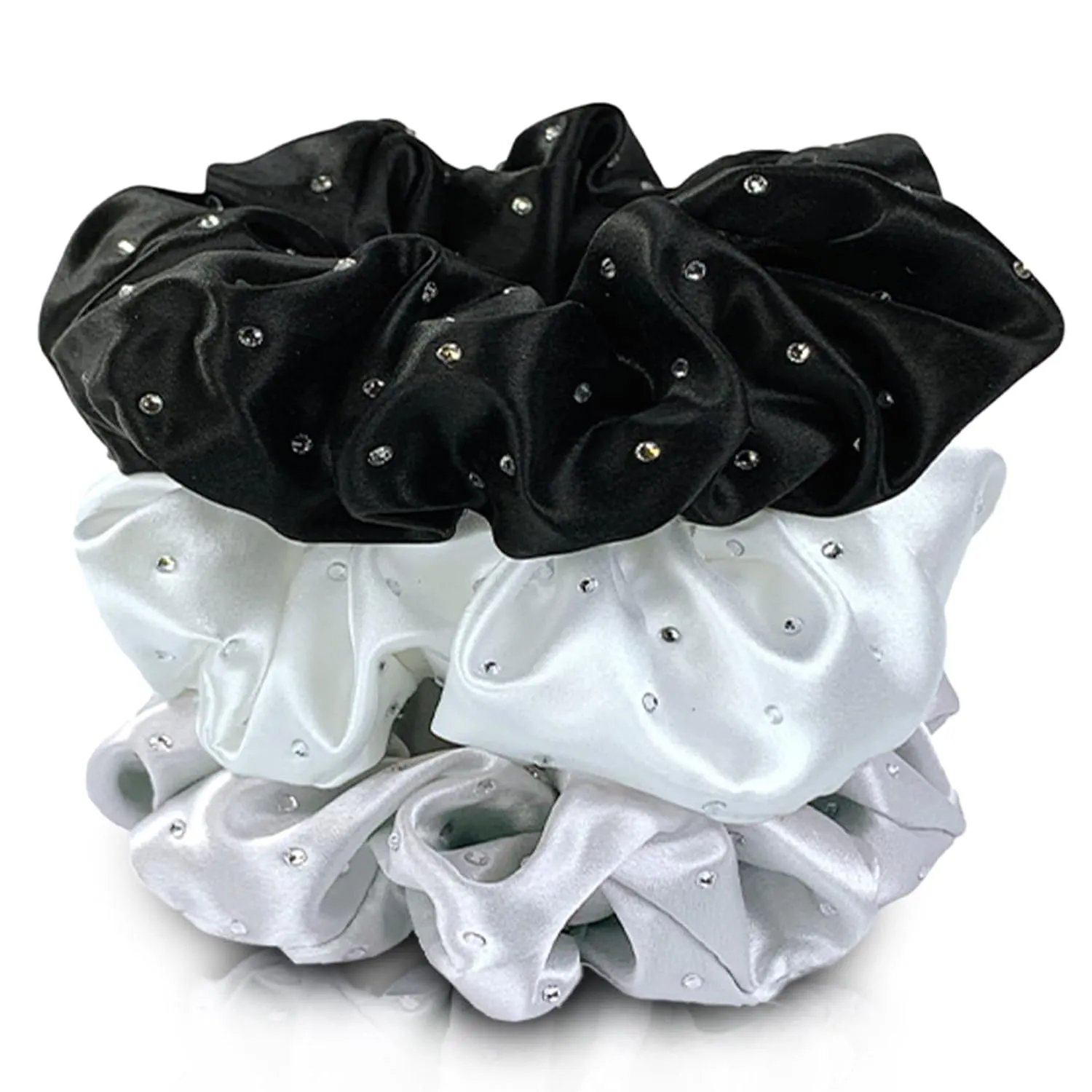 Celestial Silk Mulberry Silk Scrunchies for Hair (Black, Silver, White with Rhinestones)
