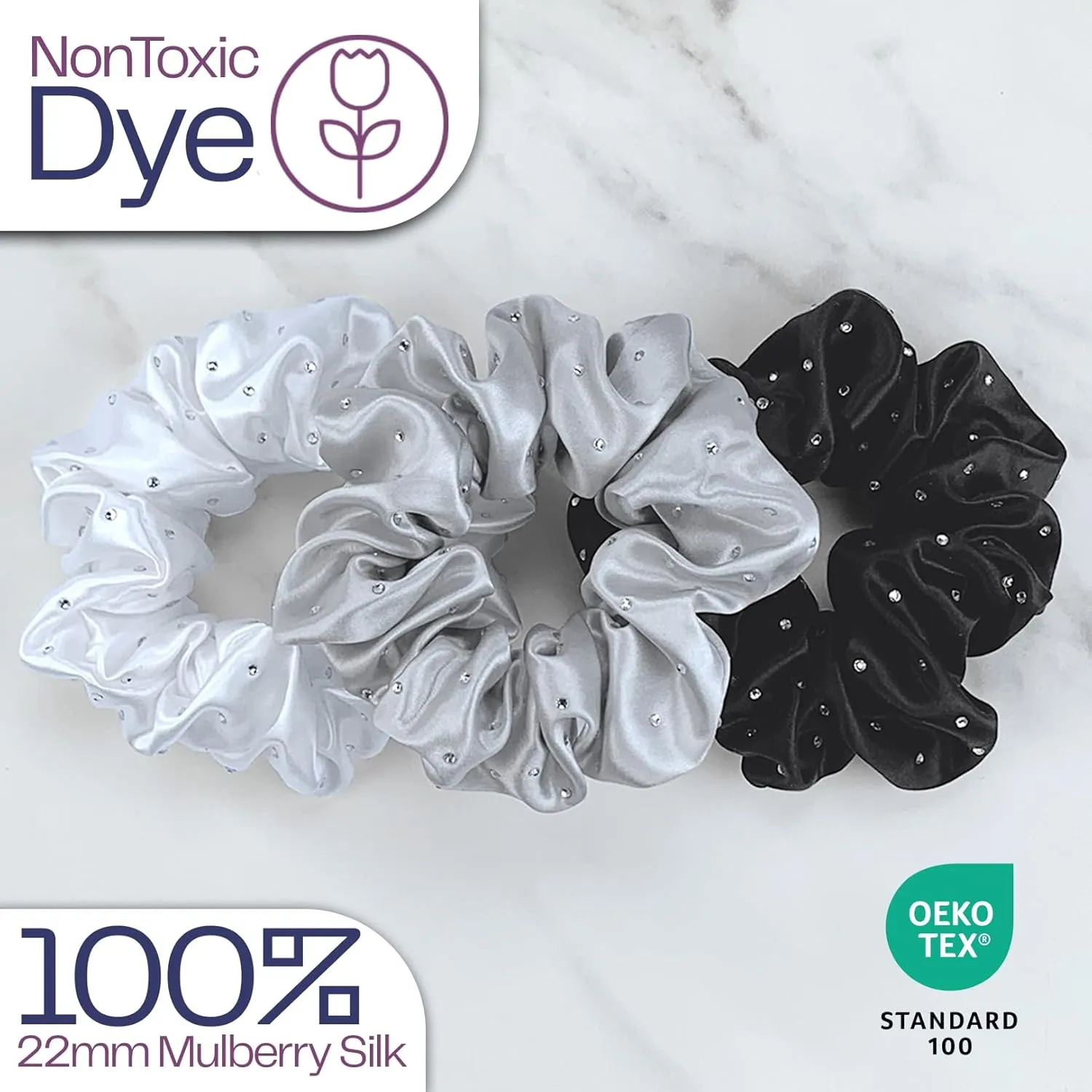 Celestial Silk Mulberry Silk Scrunchies for Hair (Black, Silver, White with Rhinestones)