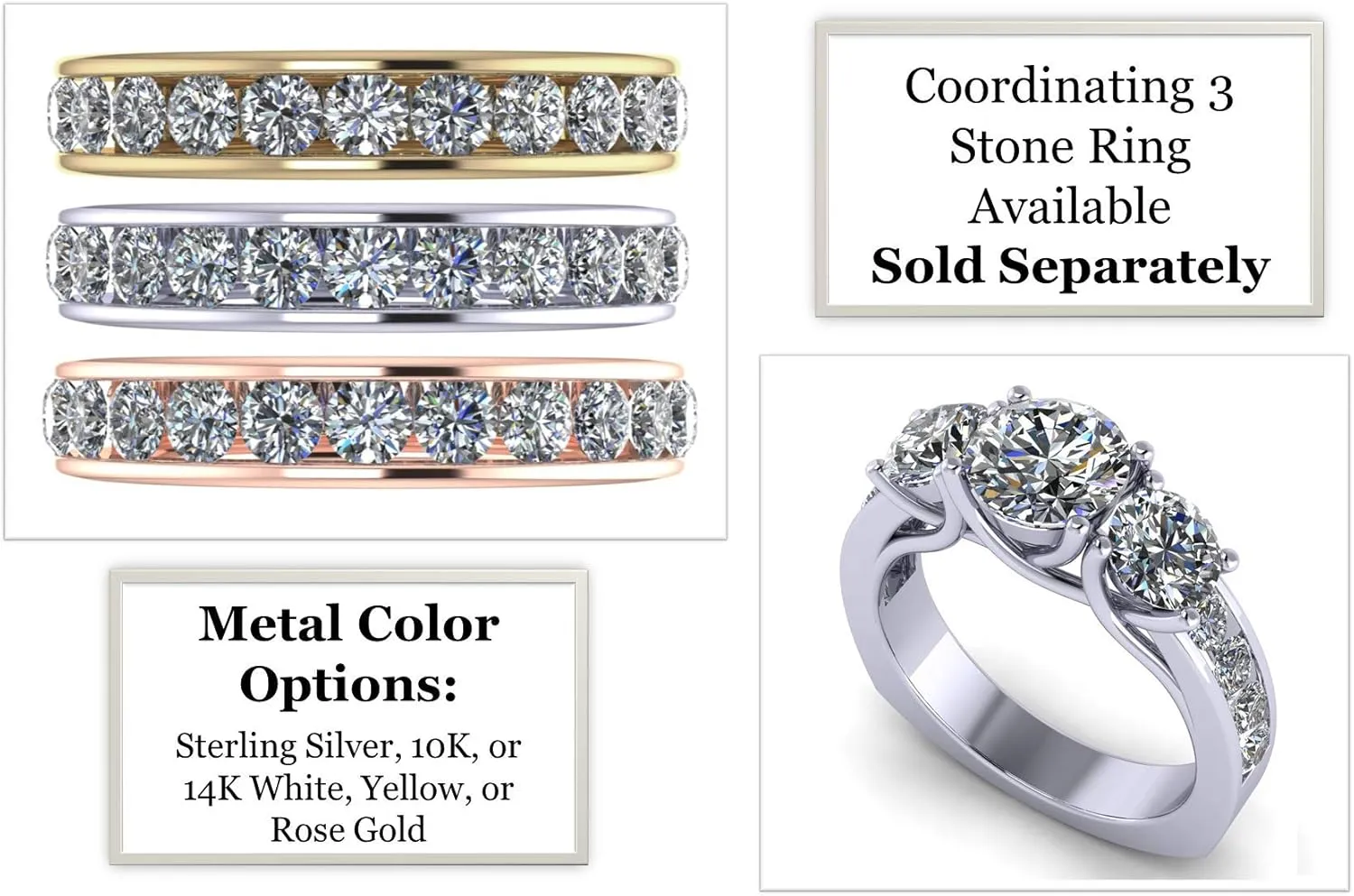Central Diamond Center 3 Stone Past Present Future Ring also matching band your choice Gold-Silver Cz-2.50ctw & 3.50ctw