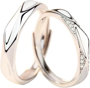 Couples Promise Rings Sterling Silver, Engraved Wedding Rings for Couples Adjustable Multi-Facted Ring with Cubic Zirconia