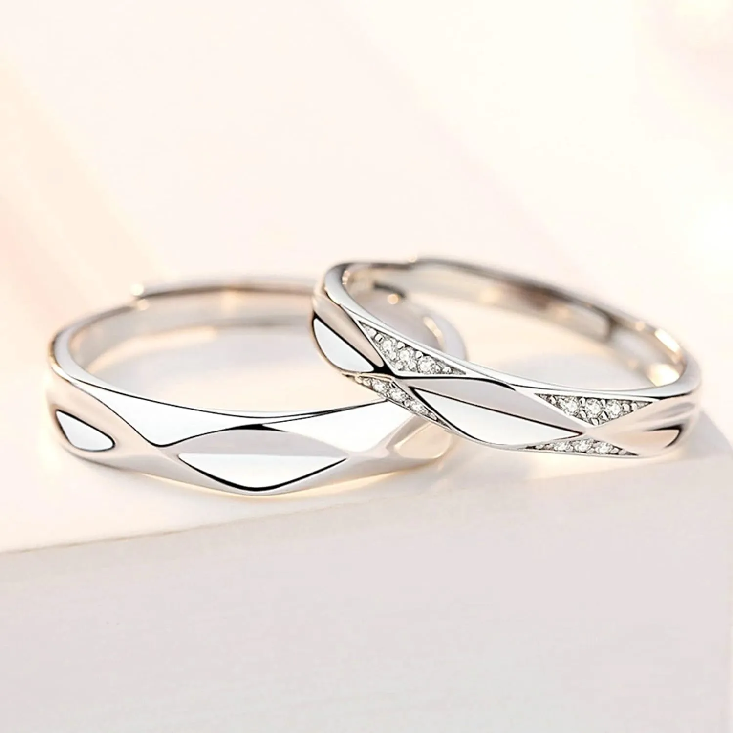 Couples Promise Rings Sterling Silver, Engraved Wedding Rings for Couples Adjustable Multi-Facted Ring with Cubic Zirconia
