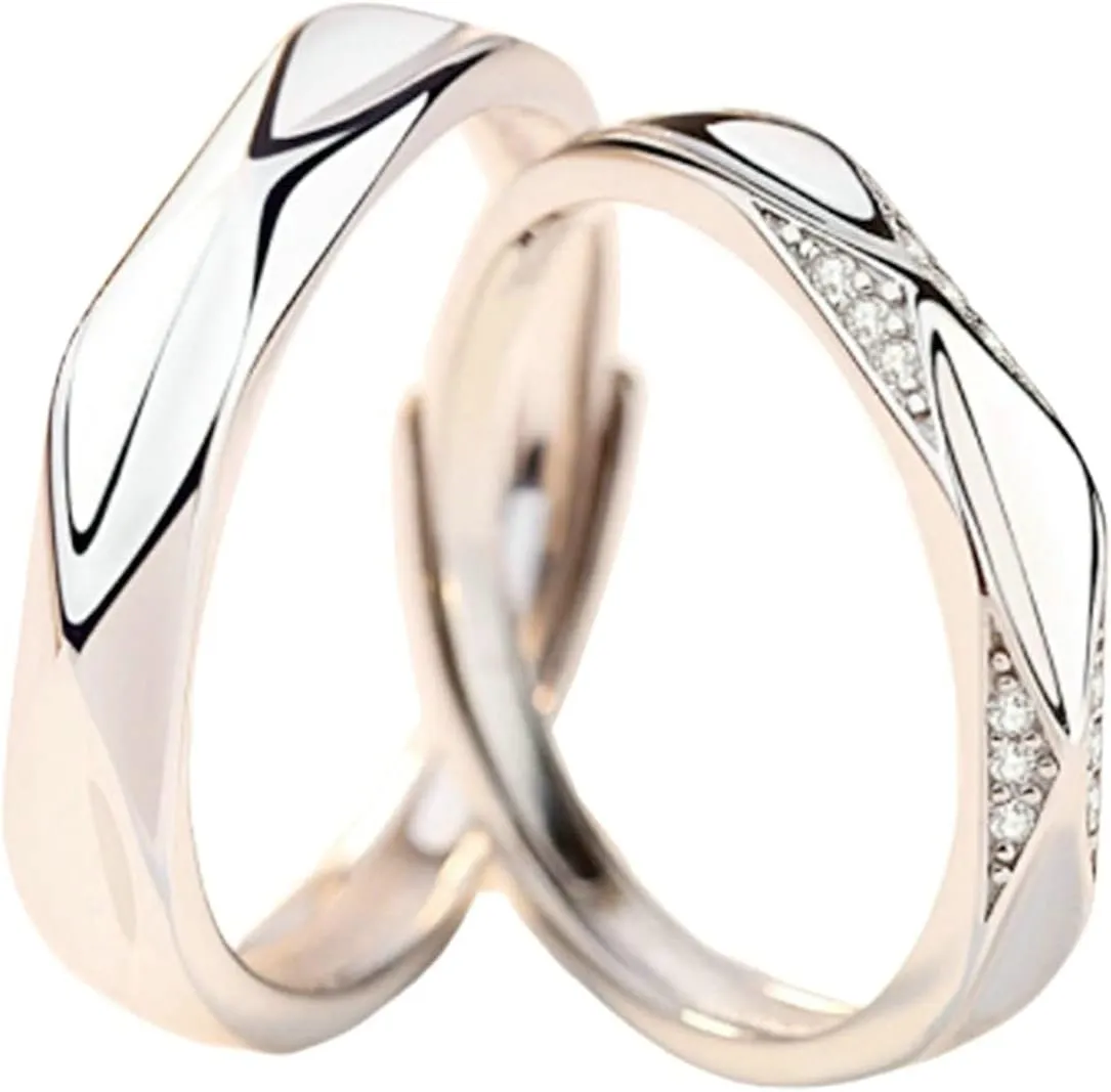 Couples Promise Rings Sterling Silver, Engraved Wedding Rings for Couples Adjustable Multi-Facted Ring with Cubic Zirconia