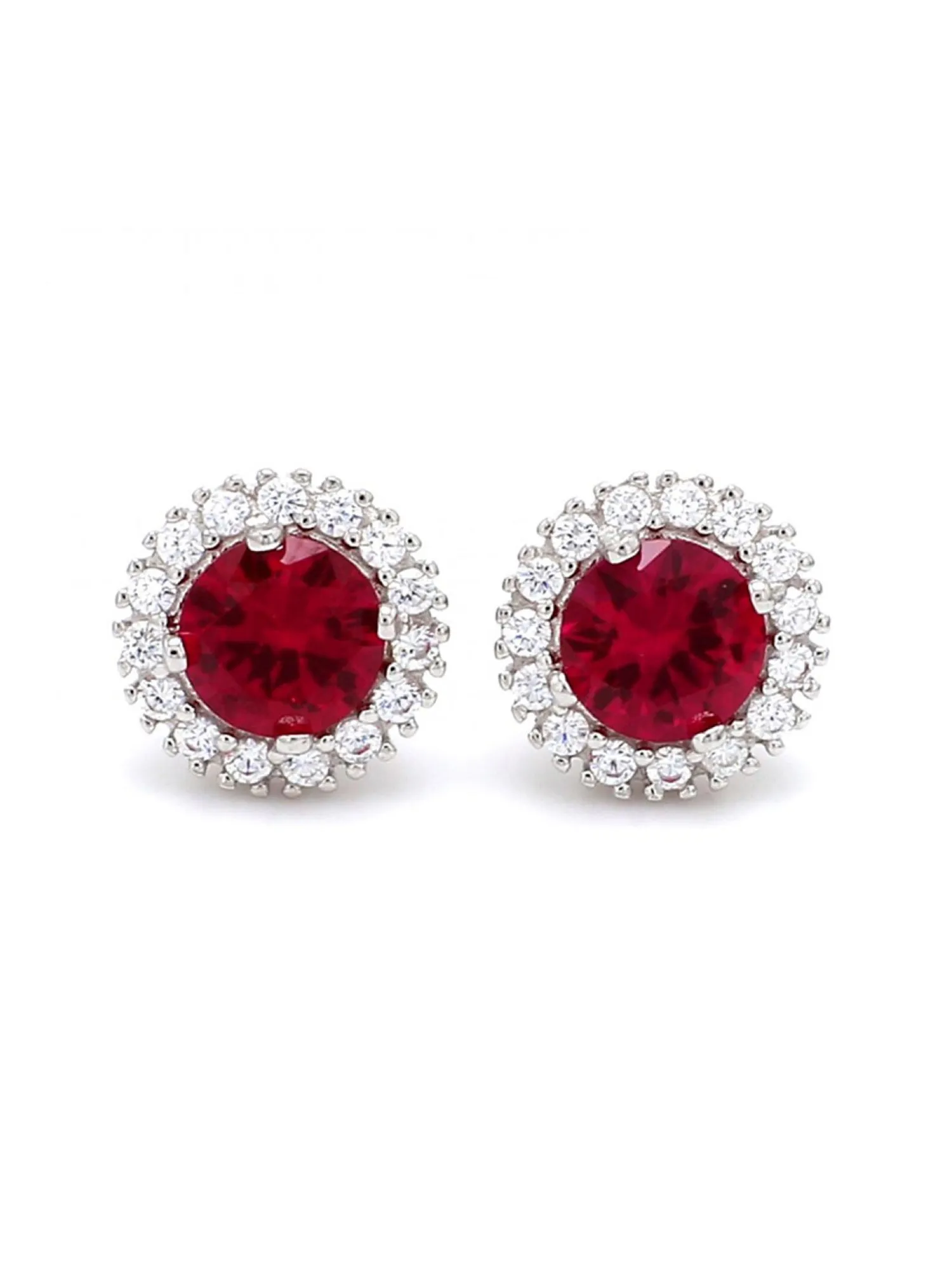 Created Ruby And American Diamond Halo Earrings In 925 Silver