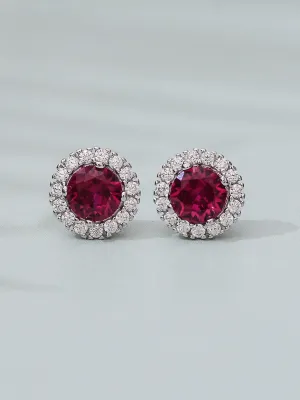 Created Ruby And American Diamond Halo Earrings In 925 Silver