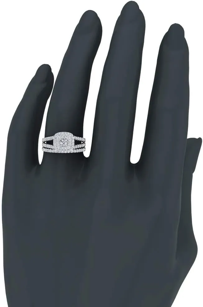 Cushion Shape Wedding Rings Set Diamond Bridal Sets Double Halo Style 1.10 ctw