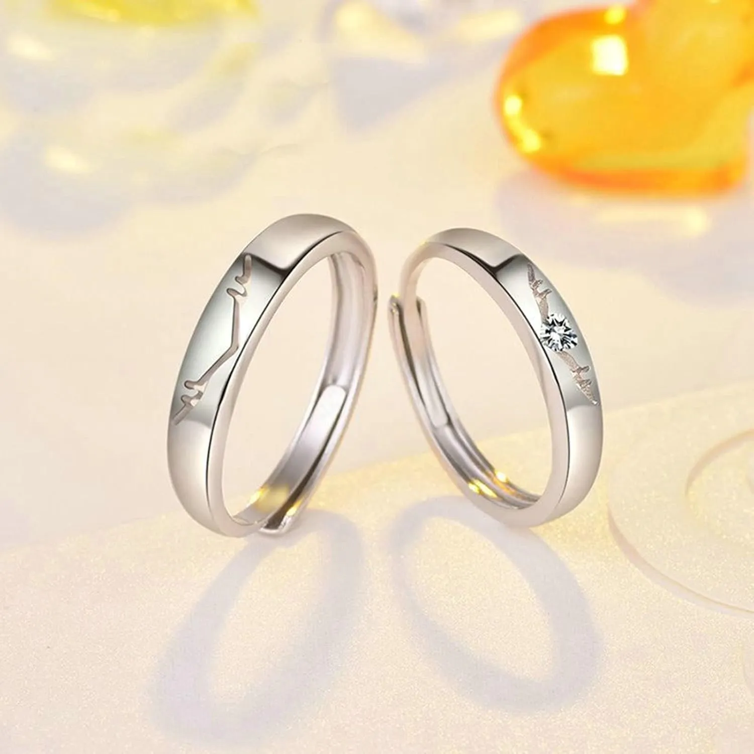 Custom Couple Rings Set, Adjustable Engagement Rings for Couples 925 Sterling Silver Hollow Elk Shaped with Cubic Zirconia