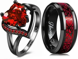 Custom Engraved Couple Rings Set Promise Rings for Him and Her Red and Black Matching Wedding Rings for Couples Engagement Rings Sets Celtic Dragon Tungsten Ring Red Ruby Rings for Women