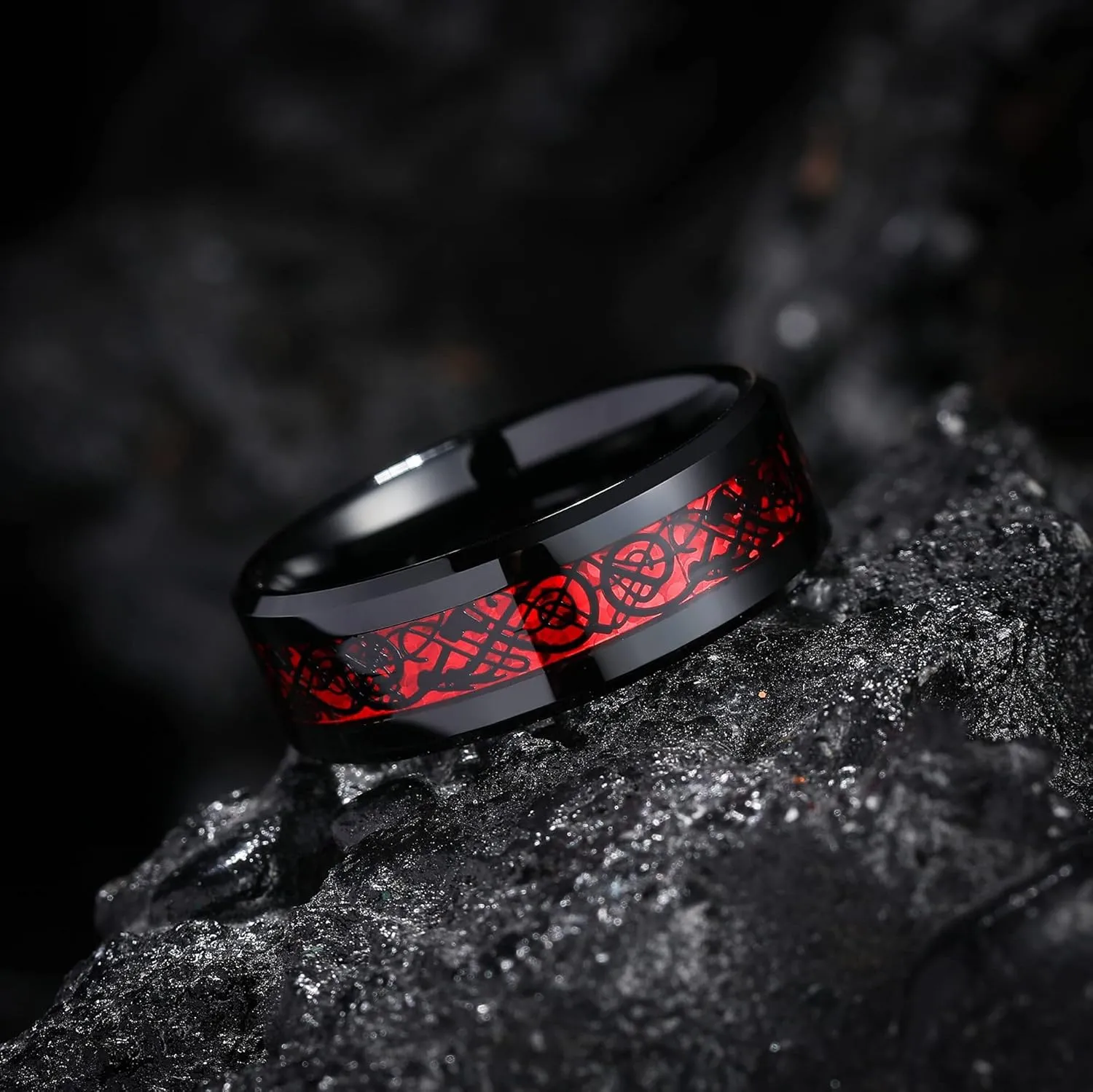 Custom Engraved Couple Rings Set Promise Rings for Him and Her Red and Black Matching Wedding Rings for Couples Engagement Rings Sets Celtic Dragon Tungsten Ring Red Ruby Rings for Women