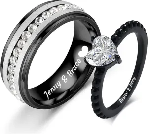 Custom Engraved Rings for Couples Rings Set Promise Rings Black His Hers Wedding Ring Sets Couples Matching Engagement Rings Set for Him and Her Men's Eternity Titanium Ring,Size 5-13