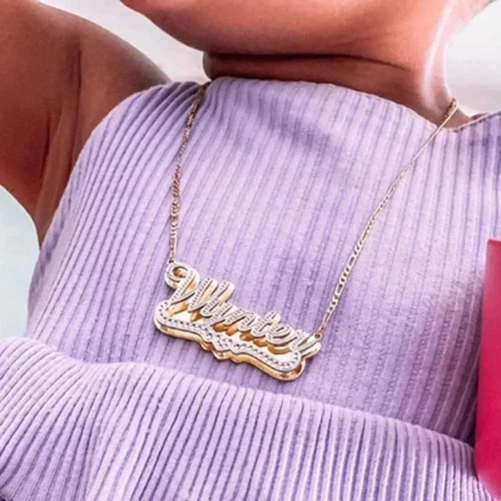 Custom Name Necklace Double Plated Name Necklace Personalized Name Plate Necklaces Name Necklaces for Women 18k Gold Plated Nameplate Pendant