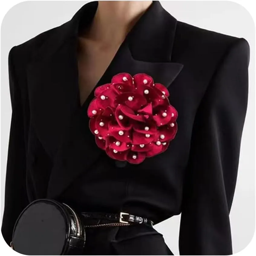 Dainty Satin Fabric Rose Flower Brooches Lapel Pins Handmade Big Camellia Flower Brooches Pearl Brooches for Women Wedding Party Dance Dress Clothes Accessories Jewelry Gifts Brooch Pin Size:5.1in