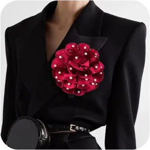 Dainty Satin Fabric Rose Flower Brooches Lapel Pins Handmade Big Camellia Flower Brooches Pearl Brooches for Women Wedding Party Dance Dress Clothes Accessories Jewelry Gifts Brooch Pin Size:5.1in
