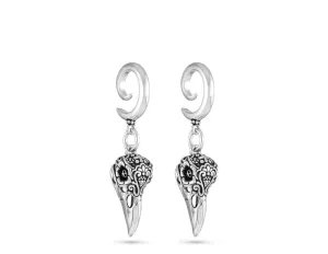 Day of the Dead Raven Skull Gauged Spiral Earrings - Silver
