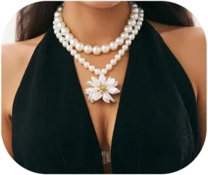 Double Layered Pearl Beaded Necklace Summer Beach Floral Pendant Clavicle Chain Necklace Festival Bridal Wedding Pearl Body Chain Jewelry for Women