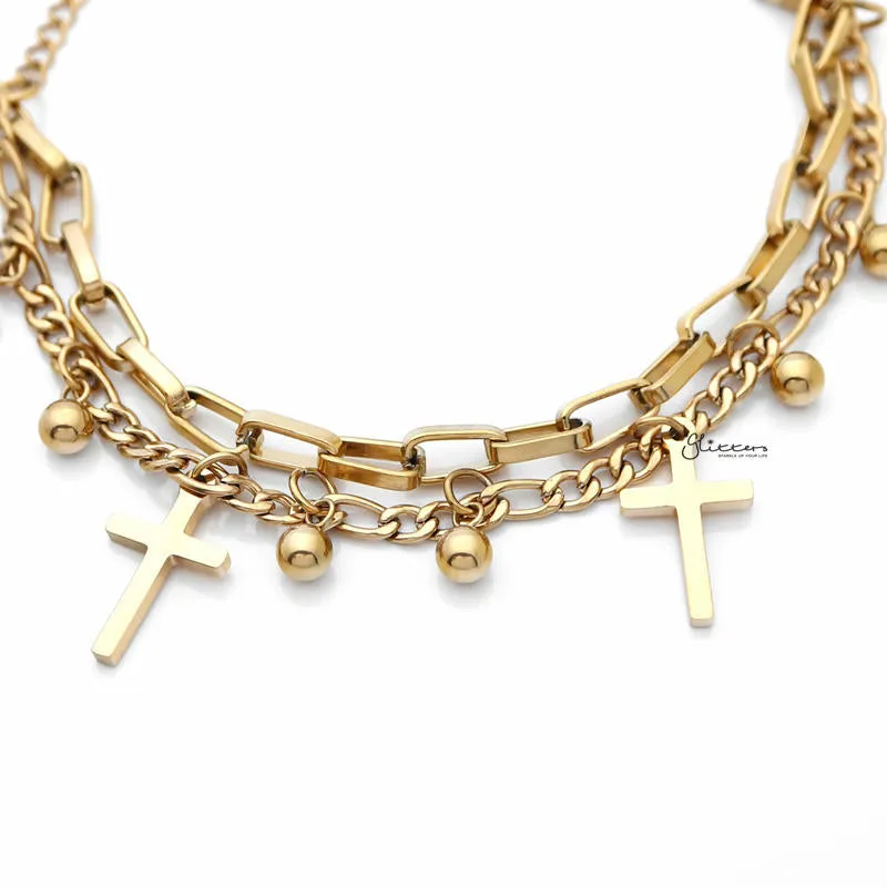 Double Layered Women's Bracelet with Dangle Cross Charms - Gold