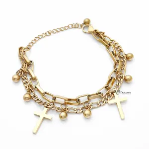 Double Layered Women's Bracelet with Dangle Cross Charms - Gold