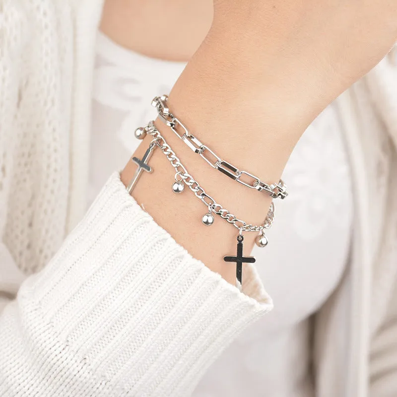 Double Layered Women's Bracelet with Dangle Cross Charms - Gold