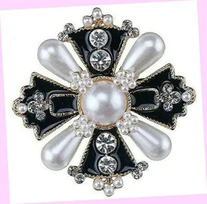 Dynamic Elegant Maltese Cross Black Pearl Enamel Rhinestone Brooch Rhinestone Brooch Pin for Women