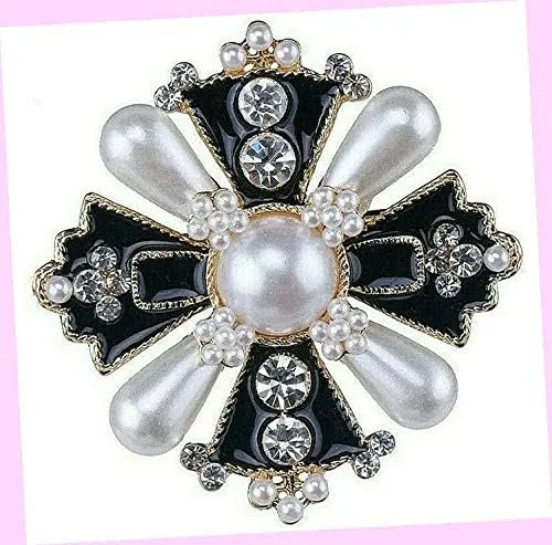 Dynamic Elegant Maltese Cross Black Pearl Enamel Rhinestone Brooch Rhinestone Brooch Pin for Women
