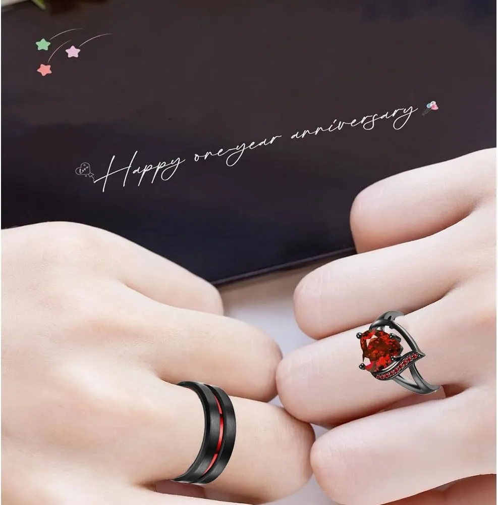 Engraved Wedding Rings for Couples Promise Rings for Him and Her Matching Engagement Rings for Couples Custom valentines day jewelry gifts Tungsten Rings for Men Red Ruby Rings for Women,with Gift Box