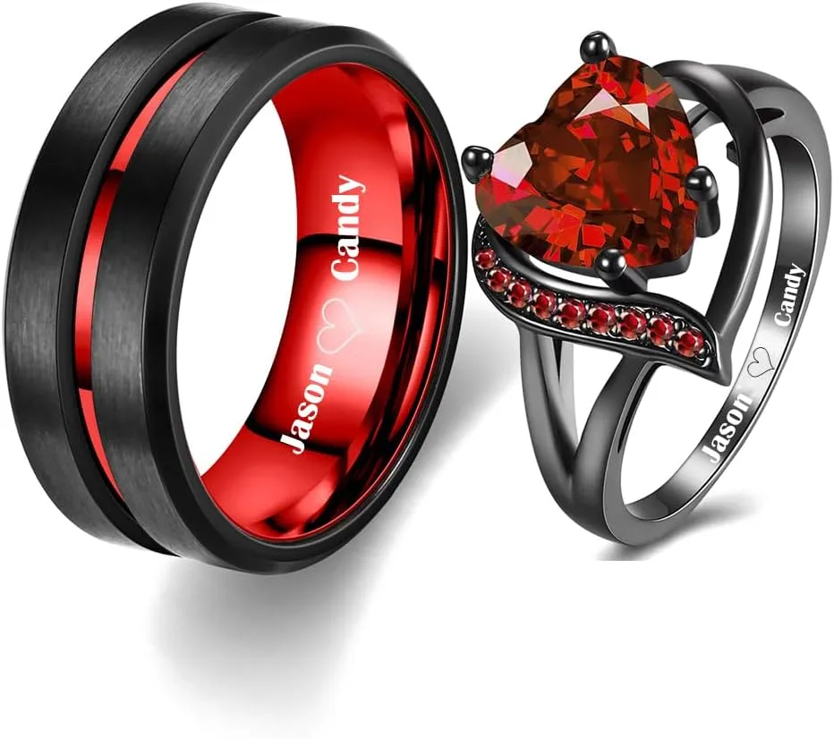 Engraved Wedding Rings for Couples Promise Rings for Him and Her Matching Engagement Rings for Couples Custom valentines day jewelry gifts Tungsten Rings for Men Red Ruby Rings for Women,with Gift Box