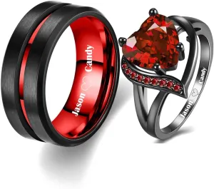 Engraved Wedding Rings for Couples Promise Rings for Him and Her Matching Engagement Rings for Couples Custom valentines day jewelry gifts Tungsten Rings for Men Red Ruby Rings for Women,with Gift Box