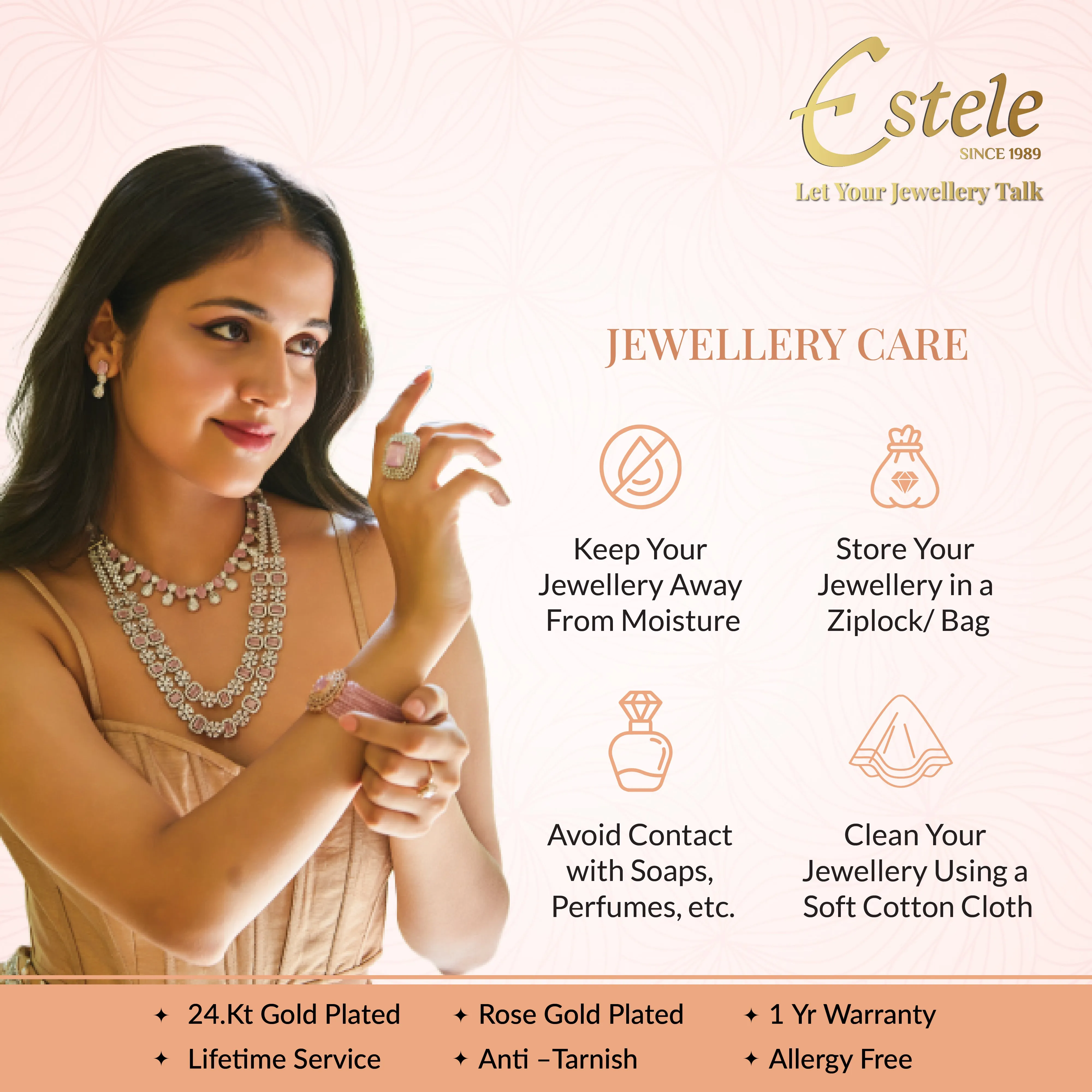 Estele Rosegold Plated Artistic Floral & Leaf Patterned 2:6 Size Bangles with Ruby Crystals| Timeless Floral Elegance for Women