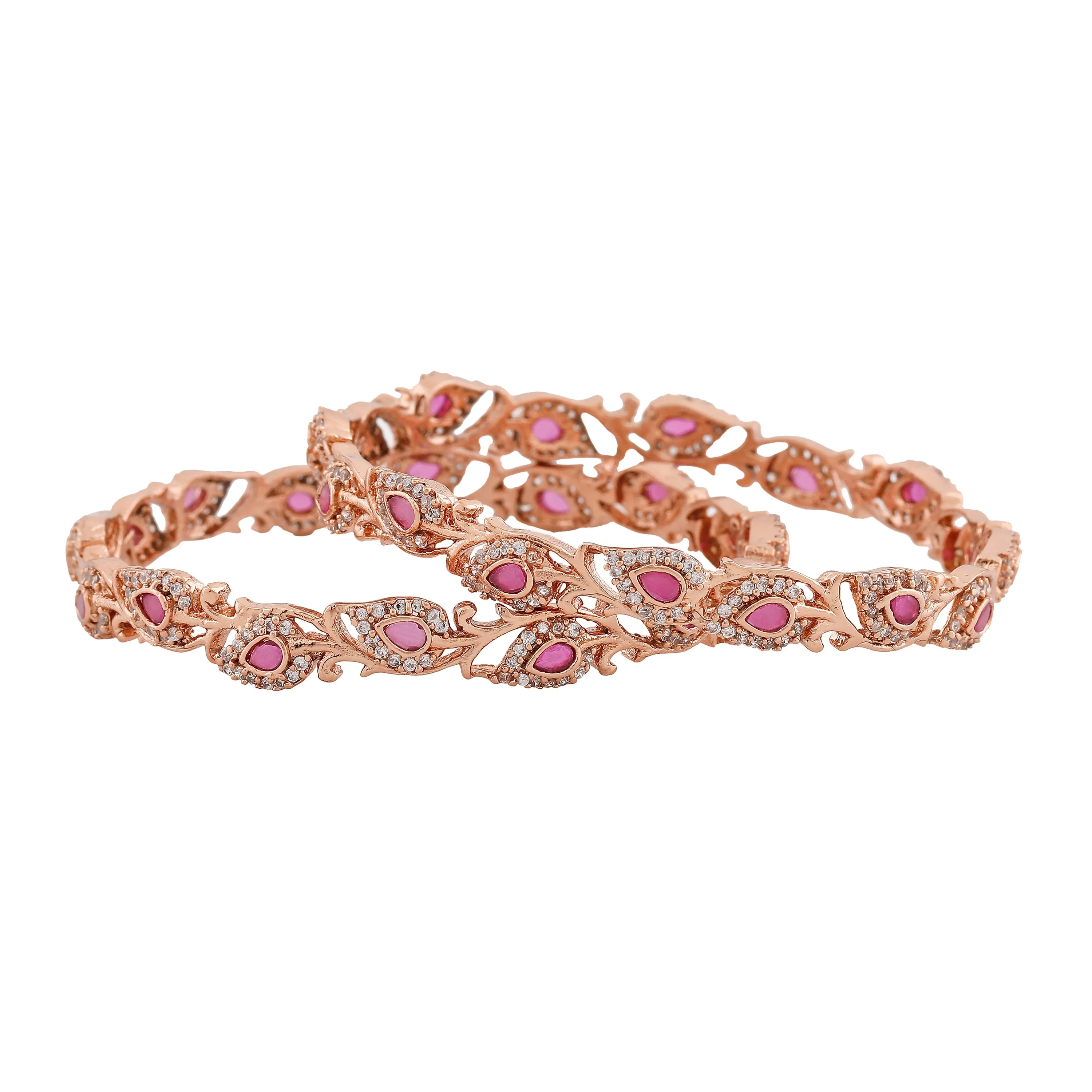 Estele Rosegold Plated Artistic Floral & Leaf Patterned 2:6 Size Bangles with Ruby Crystals| Timeless Floral Elegance for Women