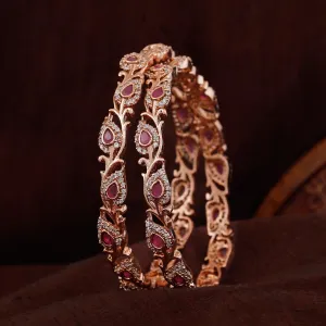 Estele Rosegold Plated Artistic Floral & Leaf Patterned 2:6 Size Bangles with Ruby Crystals| Timeless Floral Elegance for Women